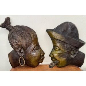 VINTAGE WALL PLAQUES AFRICAN HAND CARVED WOODEN HEADS MAN/WOMAN 9" And 9.5" Tall